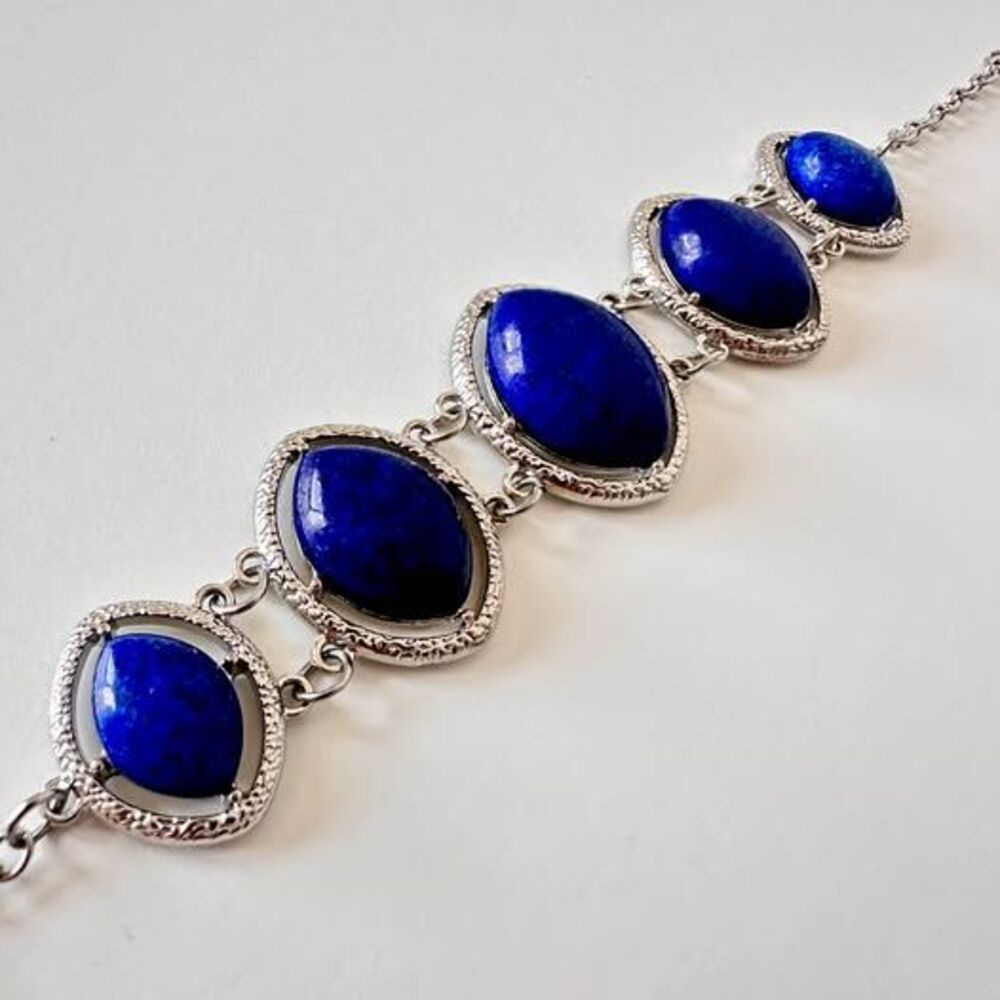Blue Lapis-Style Stone Bracelet | Silver-Tone Oval Cabochon Link Bracelet Boho